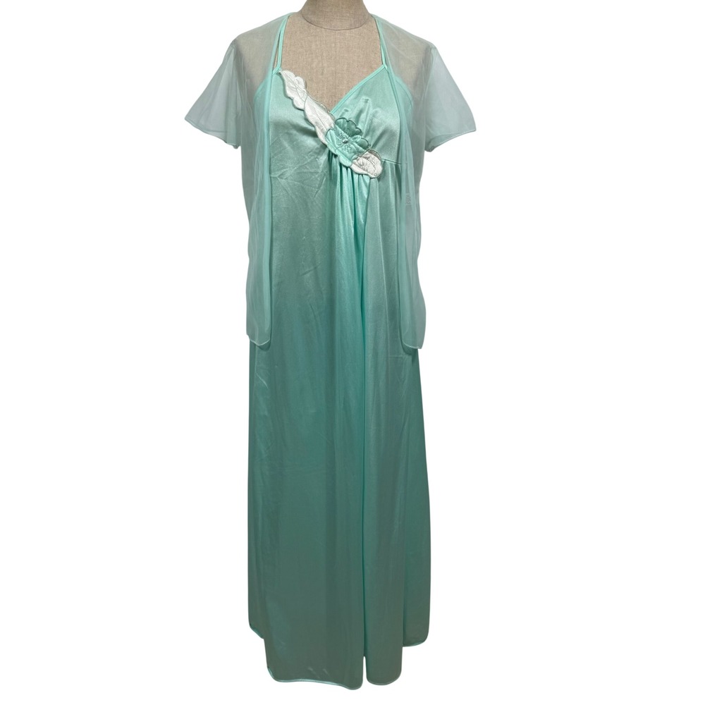 VTG USA Petra Peignoir Set L Seafoam Green Floral Babydoll Ethereal Fairy Satin